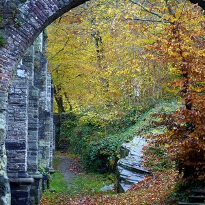 Contrefort voûté et chemin longeant les murs de pierres avec contreforts et forêt en automne - en ruine - Belgique  - collection de photos clin d'oeil, catégorie rues